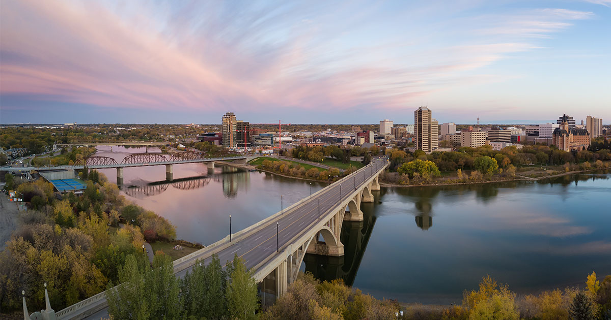 Aerial panoramic view of a bridge going over Saskatchewan River.